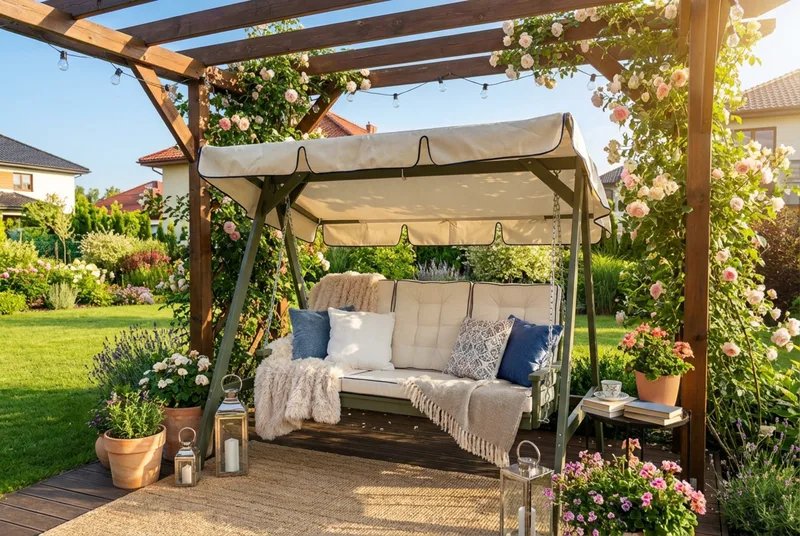 Landet Hammock Gyngesofa med tak i akasie tre inkludert puter 195x125x159 - Mørkegrønn - Hagemøbler - Utesofa - Hammocker