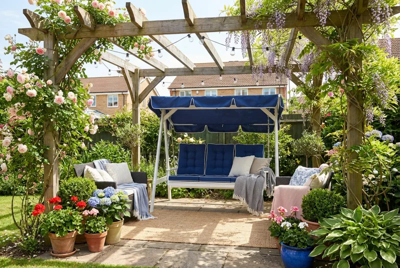 Landet Hammock Gyngesofa med tak i akasie tre inkludert puter 195x125x159 - Hvit - Hagemøbler - Utesofa - Hammocker