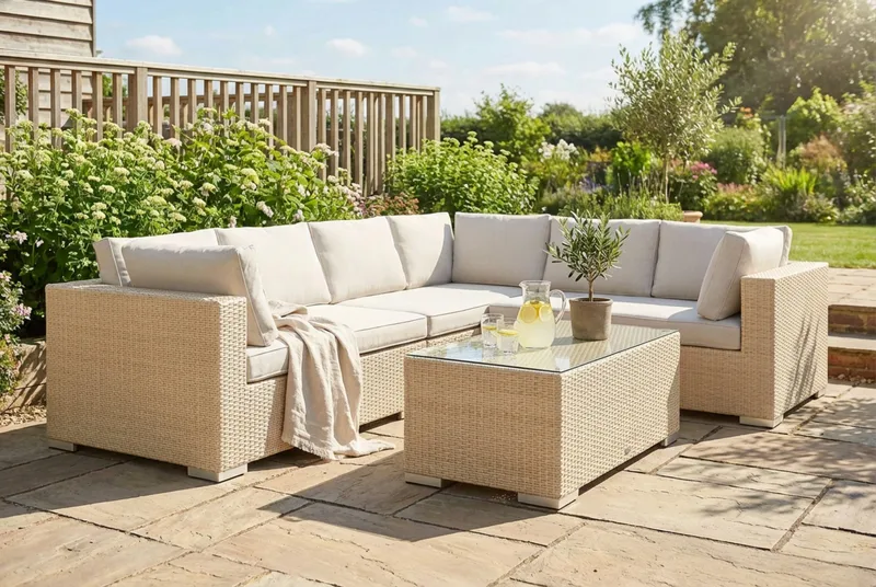 Bahamas L-formet utesofa høyre, 6-seters med bord - Beige - Hage - Utemiljø - Veranda & terrasse - Verandamøbler