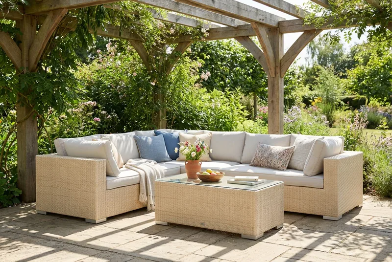 Bahamas L-formet utesofa høyre, 6-seters med bord - Beige - Hage - Utemiljø - Veranda & terrasse - Verandamøbler