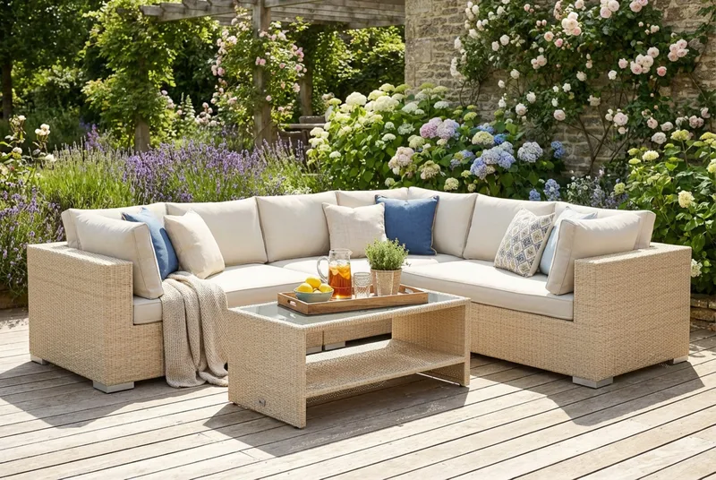 Bahamas L-formet utesofa høyre, 6-seters med bord og hylle - Beige - Hage - Utemiljø - Veranda & terrasse - Verandamøbler