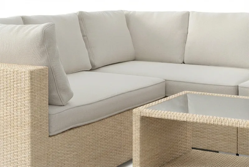 Bahamas L-formet utesofa høyre, 6-seters med bord og hylle - Beige - Hage - Utemiljø - Veranda & terrasse - Verandamøbler