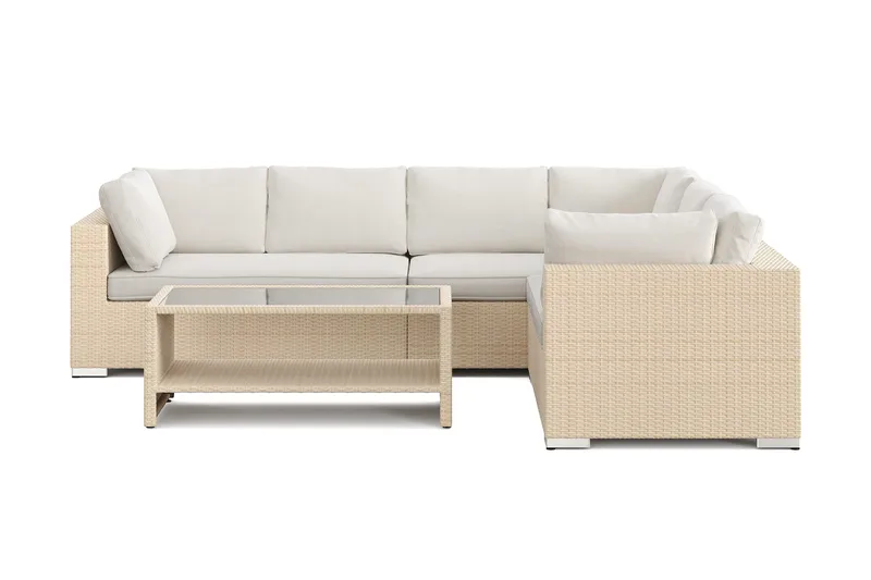Bahamas L-formet utesofa høyre, 6-seters med bord og hylle - Beige - Hage - Utemiljø - Veranda & terrasse - Verandamøbler