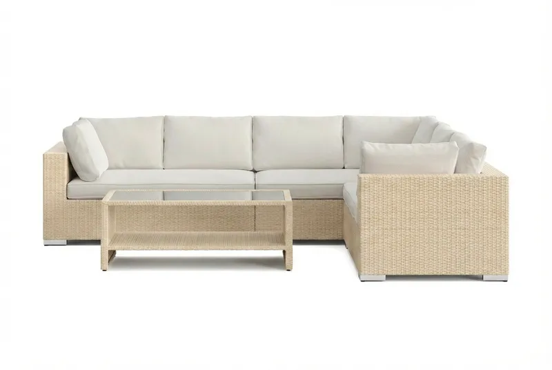 Bahamas L-formet utesofa høyre, 6-seters med bord og hylle - Beige - Hage - Utemiljø - Veranda & terrasse - Verandamøbler