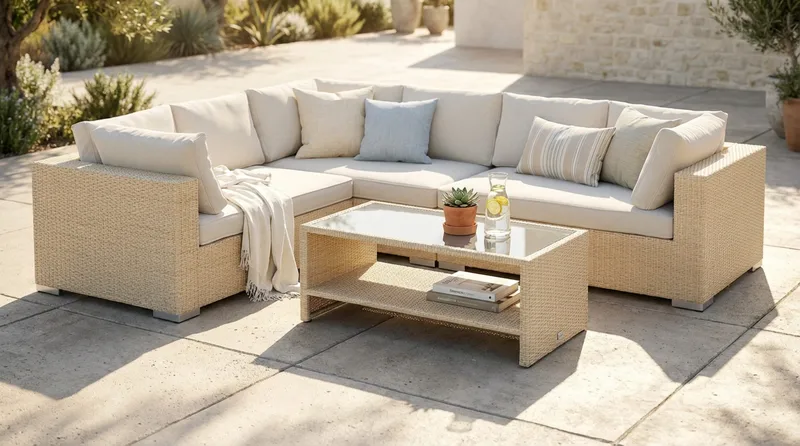 Bahamas L-formet utesofa høyre, 6-seters med bord og hylle - Beige - Hage - Utemiljø - Veranda & terrasse - Verandamøbler