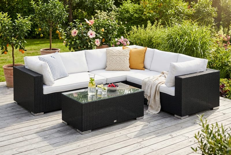 Bahamas L-formet utesofa høyre, 6-seters med bord - Svart - Hage - Utemiljø - Veranda & terrasse - Verandamøbler