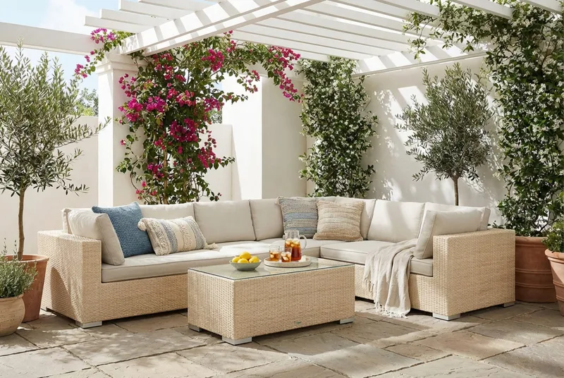 Bahamas L-formet utesofa høyre, 7-seters med bord - Beige - Hage - Utemiljø - Veranda & terrasse - Verandamøbler