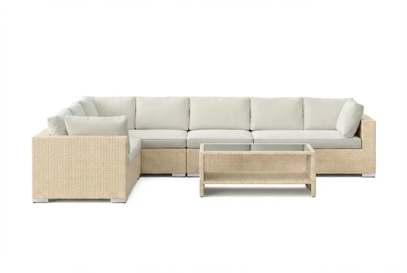 Bahamas L-formet utesofa høyre, 7-seters med bord og hylle - Beige - Hage - Utemiljø - Veranda & terrasse - Verandamøbler