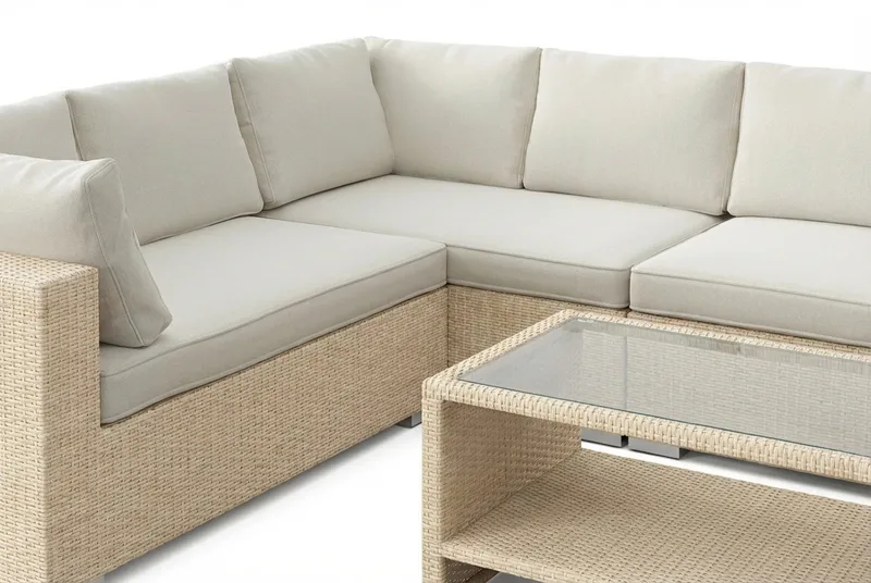 Bahamas L-formet utesofa høyre, 7-seters med bord og hylle - Beige - Hage - Utemiljø - Veranda & terrasse - Verandamøbler