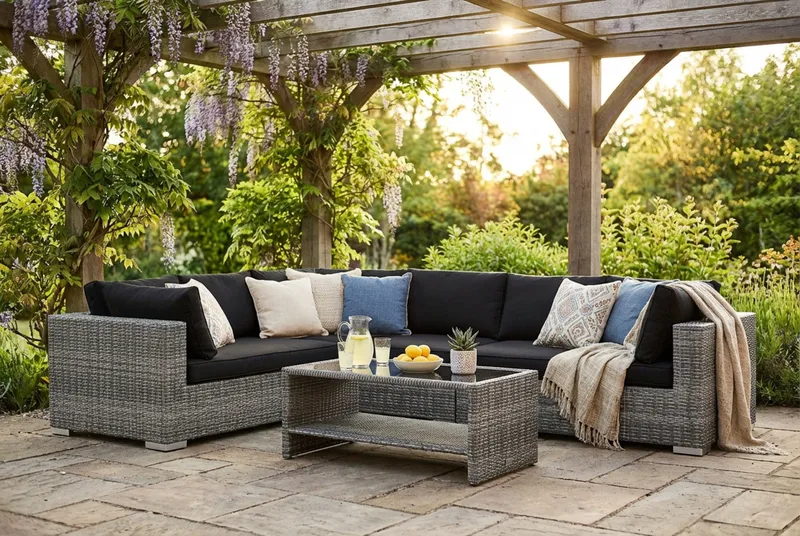 Bahamas L-formet utesofa høyre, 7-seters med bord og hylle - Grå - Hage - Utemiljø - Veranda & terrasse - Verandamøbler