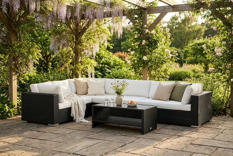 Bahamas L-formet utesofa høyre, 7-seters med bord og hylle - Svart - Hage - Utemiljø - Veranda & terrasse - Verandamøbler