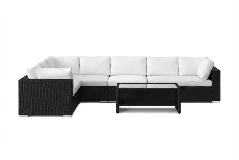 Bahamas L-formet utesofa høyre, 7-seters med bord og hylle - Svart - Hage - Utemiljø - Veranda & terrasse - Verandamøbler