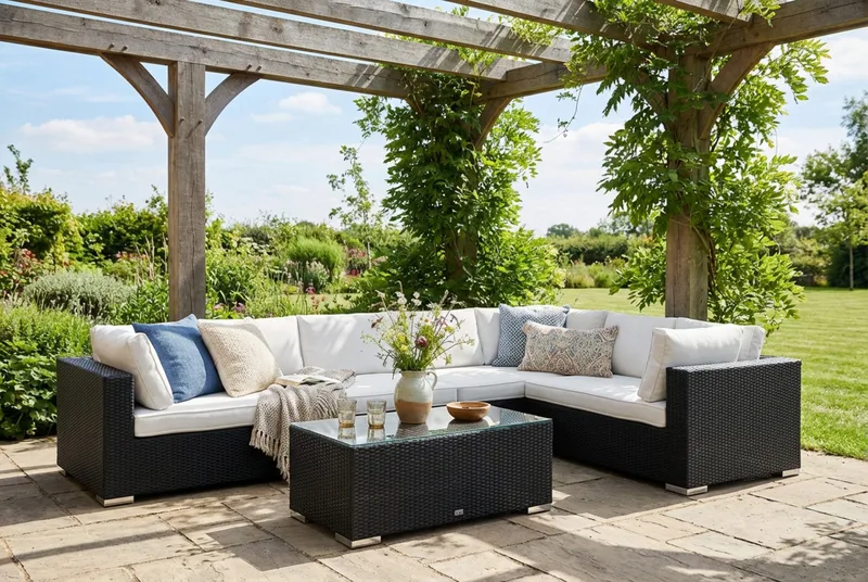 Bahamas L-formet utesofa høyre, 7-seters med bord - Svart - Hage - Utemiljø - Veranda & terrasse - Verandamøbler