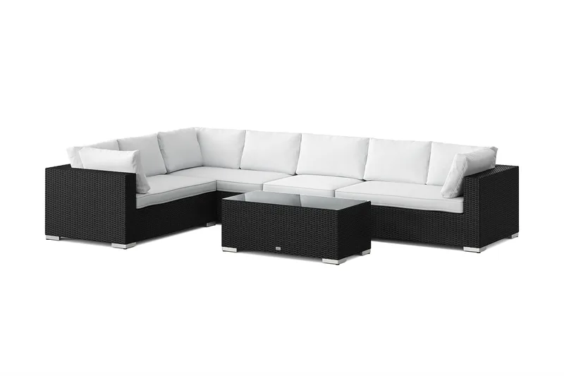 Bahamas L-formet utesofa høyre, 7-seters med bord, Svart