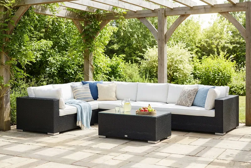 Bahamas L-formet utesofa høyre, 7-seters med bord - Svart - Hage - Utemiljø - Veranda & terrasse - Verandamøbler