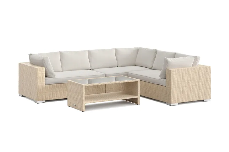 Bahamas L-formet utesofa venstre, 6-seters med bord og hylle, Beige