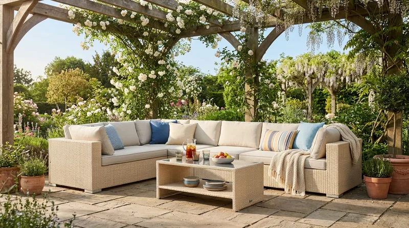 Bahamas L-formet utesofa venstre, 7-seters med bord og hylle - Beige - Hage - Utemiljø - Veranda & terrasse - Verandamøbler