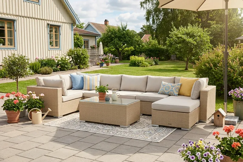 Bahamas U-formet utendørs loungegruppe 7-seters med vendbar divan og bord - Beige - Hage - Utemiljø - Veranda & terrasse - Verandamøbler