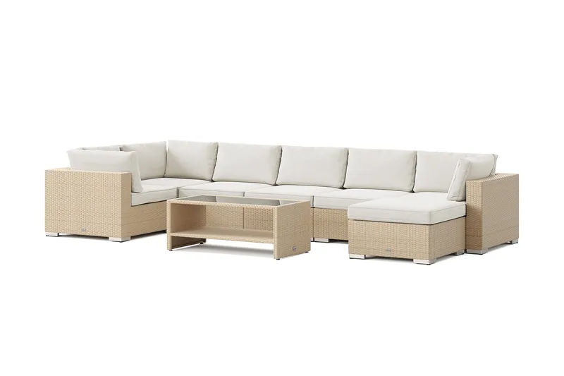Bahamas U-formet utendørs loungegruppe 7-seters med vendbar divan og bord med hylle, Beige
