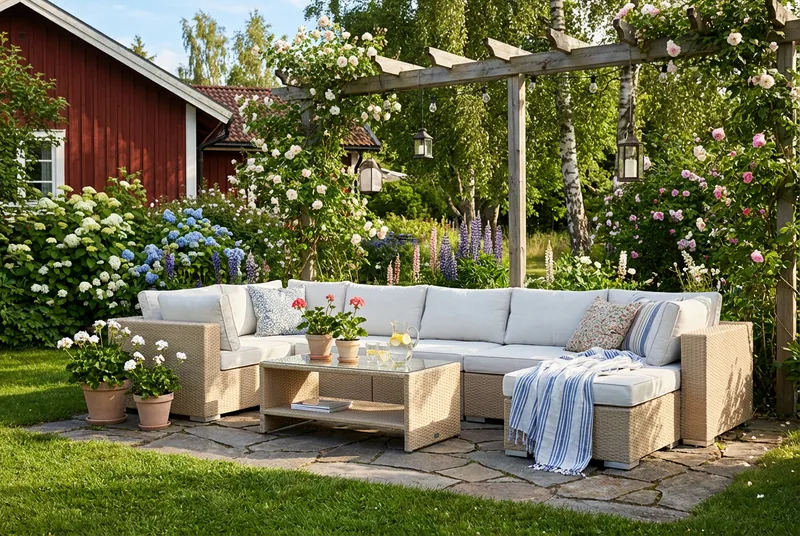 Bahamas U-formet utendørs loungegruppe 7-seters med vendbar divan og bord med hylle - Beige - Hage - Utemiljø - Veranda & terrasse - Verandamøbler