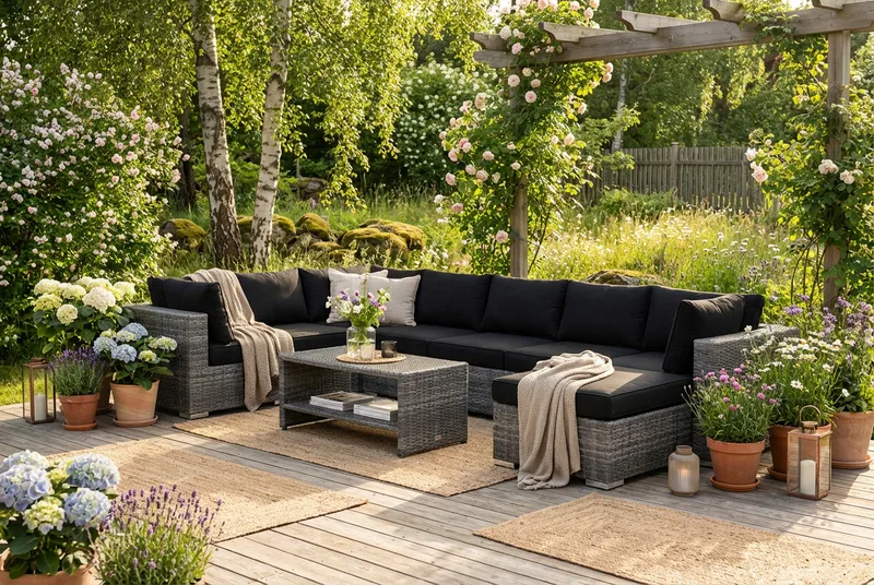 Bahamas U-formet utendørs loungegruppe 7-seters med vendbar divan og bord med hylle - Grå - Hage - Utemiljø - Veranda & terrasse - Verandamøbler