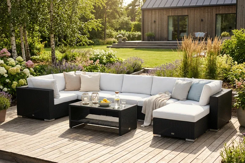 Bahamas U-formet utendørs loungegruppe 7-seters med vendbar divan og bord med hylle - Svart - Hage - Utemiljø - Veranda & terrasse - Verandamøbler