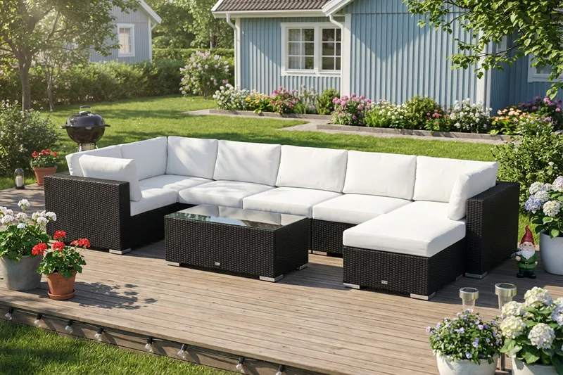 Bahamas U-formet utendørs loungegruppe 7-seters med vendbar divan og bord - Svart - Hage - Utemiljø - Veranda & terrasse - Verandamøbler