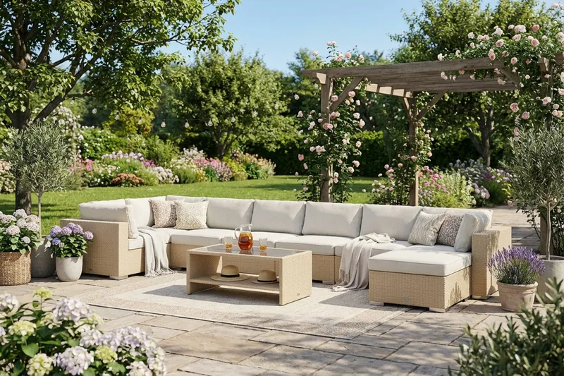 Bahamas U-formet utendørs loungegruppe 8-seters med vendbar divan og bord med hylle - Beige - Hage - Utemiljø - Veranda & terrasse - Verandamøbler