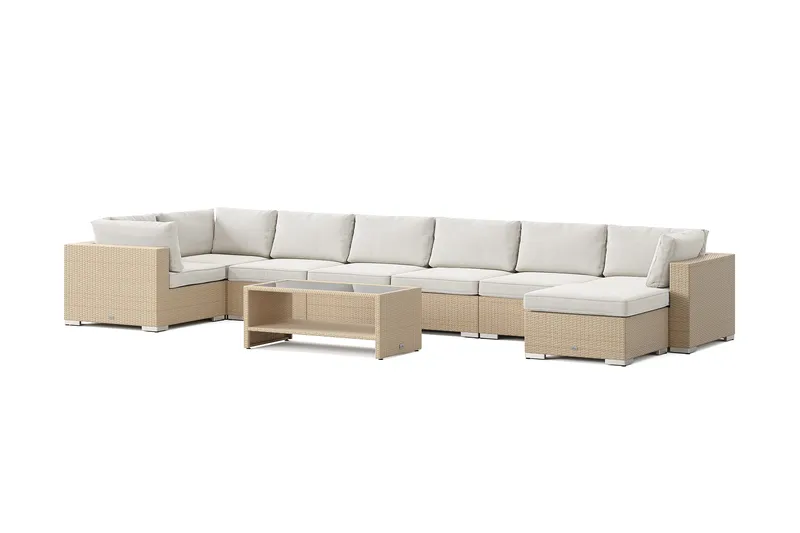 Bahamas U-formet utendørs loungegruppe 8-seters med vendbar divan og bord med hylle, Beige