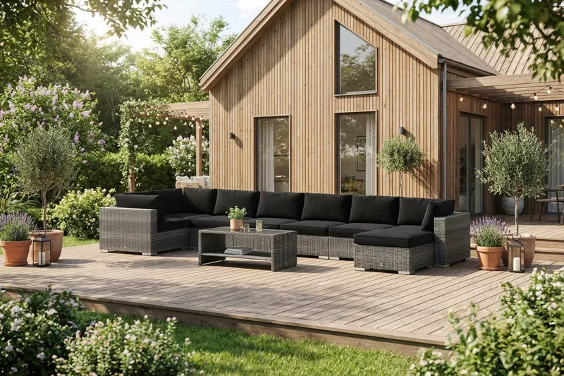 Bahamas U-formet utendørs loungegruppe 8-seters med vendbar divan og bord med hylle - Grå - Hage - Utemiljø - Veranda & terrasse - Verandamøbler