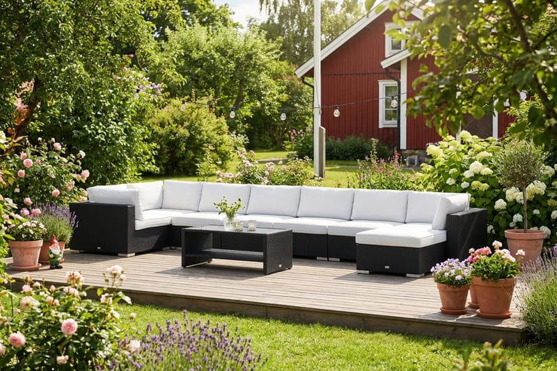 Bahamas U-formet utendørs loungegruppe 8-seters med vendbar divan og bord med hylle - Svart - Hage - Utemiljø - Veranda & terrasse - Verandamøbler