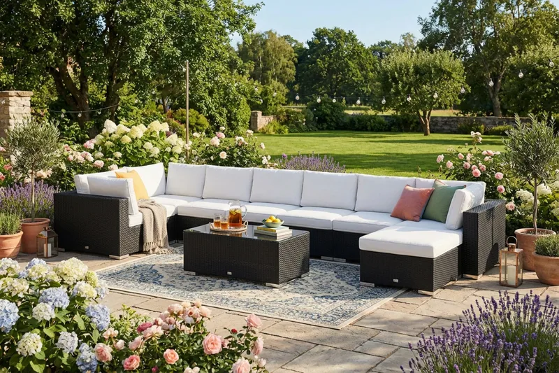 Bahamas U-formet utendørs loungegruppe 8-seters med vendbar divan og bord - Svart - Hage - Utemiljø - Veranda & terrasse - Verandamøbler