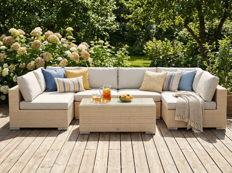 Bahamas U-formet utendørs loungegruppe med åpen avslutning, 6-seters med bord - Beige - Hage - Utemiljø - Veranda & terrasse - Verandamøbler