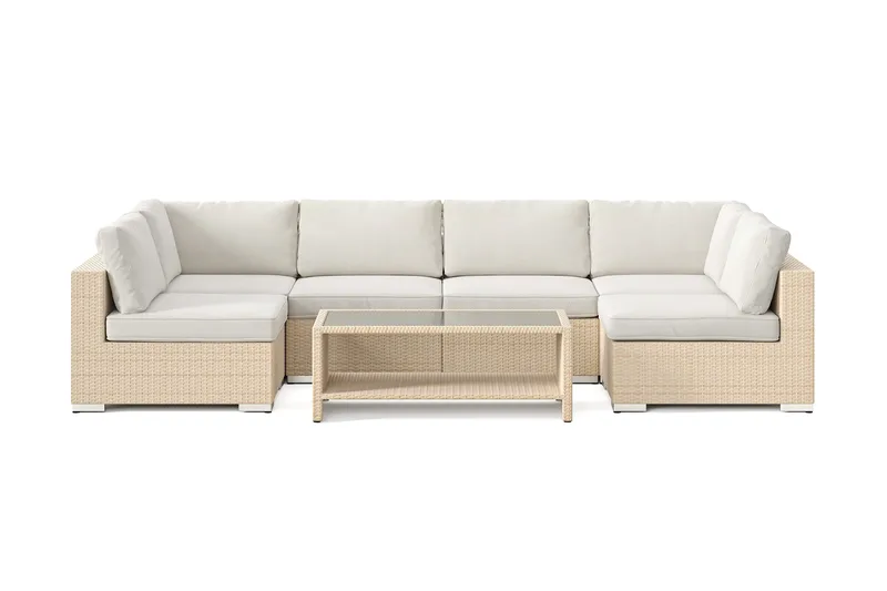 Bahamas U-formet utendørs loungegruppe med åpen avslutning, 6-seters med bord og hylle - Beige - Hage - Utemiljø - Veranda & terrasse - Verandamøbler