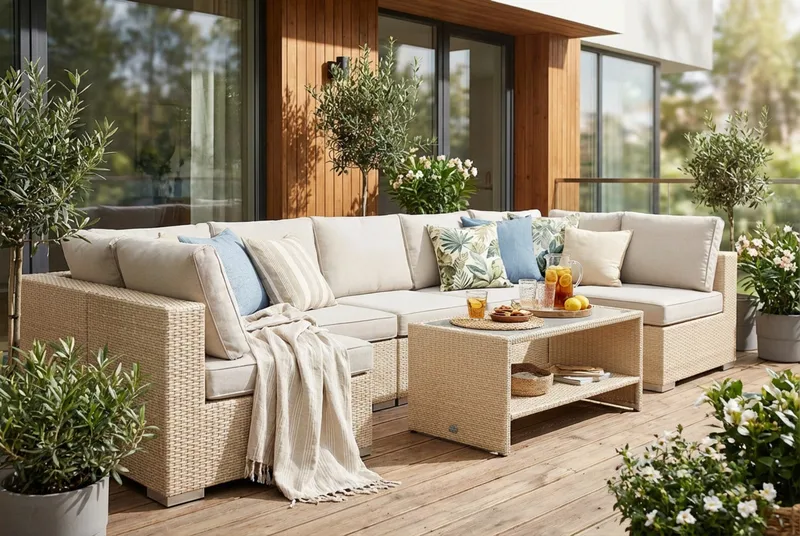 Bahamas U-formet utendørs loungegruppe med åpen avslutning, 7-seters med bord og hylle - Beige - Hage - Utemiljø - Veranda & terrasse - Verandamøbler