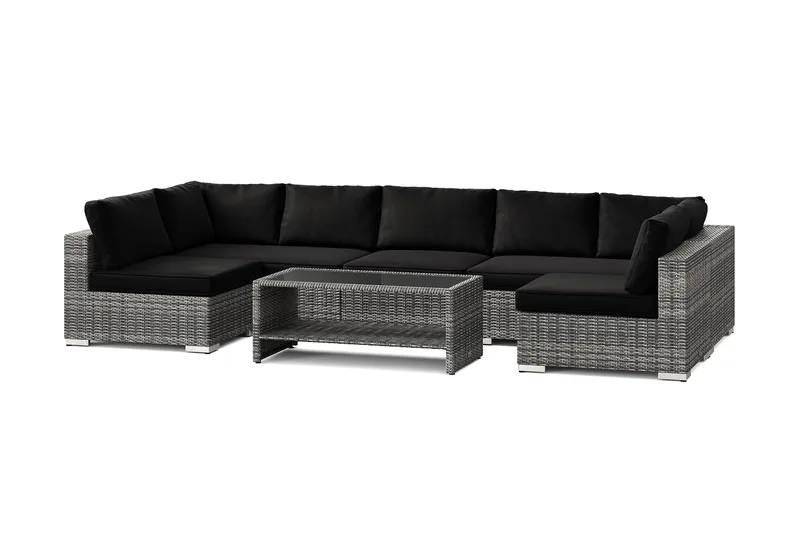 Bahamas U-formet utendørs loungegruppe med åpen avslutning, 7-seters med bord og hylle, Grå