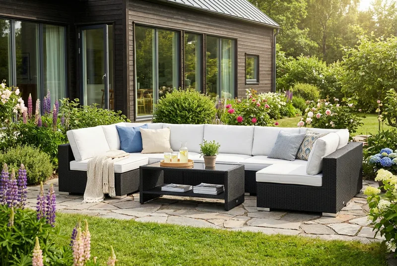 Bahamas U-formet utendørs loungegruppe med åpen avslutning, 7-seters med bord og hylle - Svart - Hage - Utemiljø - Veranda & terrasse - Verandamøbler