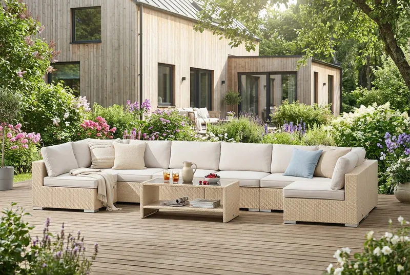 Bahamas U-formet utendørs loungegruppe med åpen avslutning, 8-seters med bord og hylle - Beige - Hage - Utemiljø - Veranda & terrasse - Verandamøbler