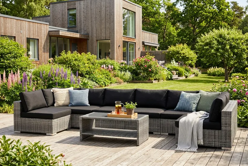 Bahamas U-formet utendørs loungegruppe med åpen avslutning, 8-seters med bord og hylle - Grå - Hage - Utemiljø - Veranda & terrasse - Verandamøbler