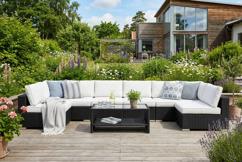 Bahamas U-formet utendørs loungegruppe med åpen avslutning, 8-seters med bord og hylle - Svart - Hage - Utemiljø - Veranda & terrasse - Verandamøbler