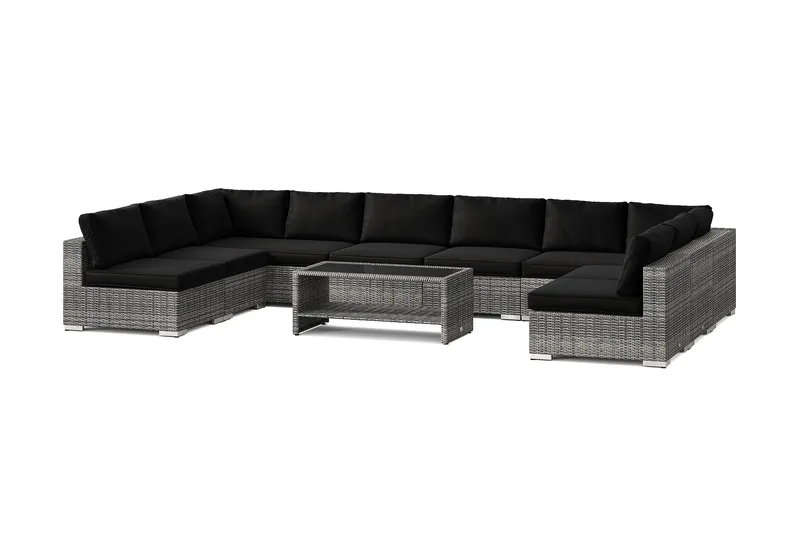 Bahamas U-formet utendørs loungegruppe med åpen avslutning, 9-seters med bord og hylle - Grå - Hage - Utemiljø - Veranda & terrasse - Verandamøbler