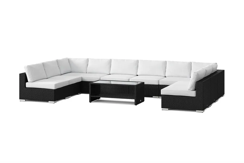 Bahamas U-formet utendørs loungegruppe med åpen avslutning, 9-seters med bord og hylle, Svart