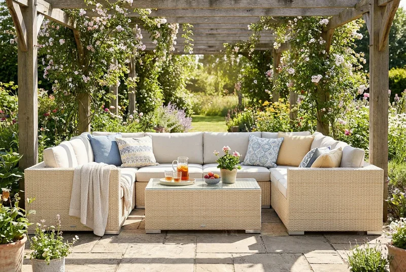 Bahamas U-formet utendørs loungegruppe med lukket avslutning, 6-seters med bord - Beige - Hage - Utemiljø - Veranda & terrasse - Verandamøbler