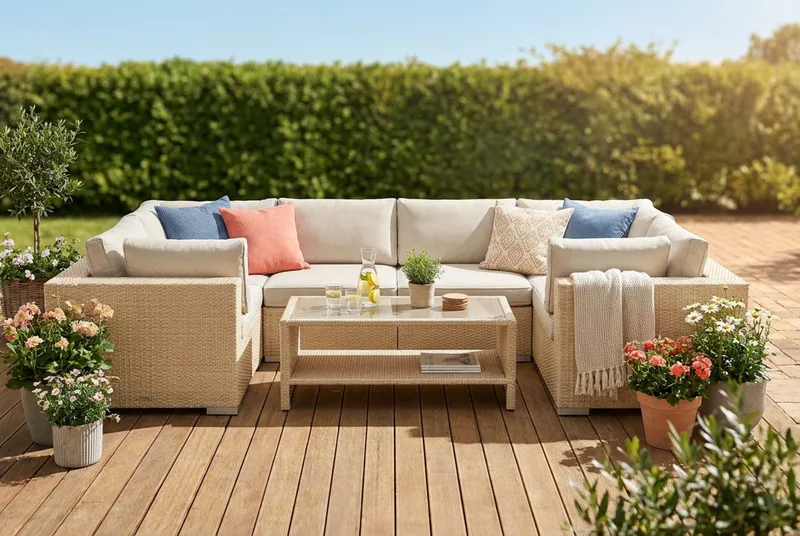 Bahamas U-formet utendørs loungegruppe med lukket avslutning, 6-seters med bord og hylle - Beige - Hage - Utemiljø - Veranda & terrasse - Verandamøbler