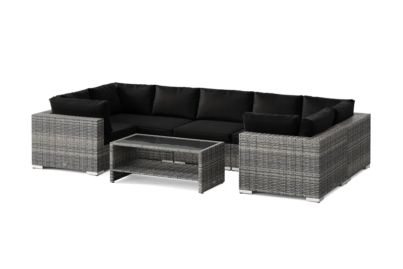 Bahamas U-formet utendørs loungegruppe med lukket avslutning, 7-seters med bord og hylle, Grå