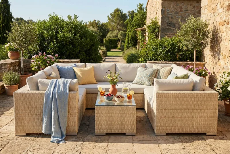 Bahamas U-formet utendørs loungegruppe med lukket avslutning, 8-seters med bord - Beige - Hage - Utemiljø - Veranda & terrasse - Verandamøbler