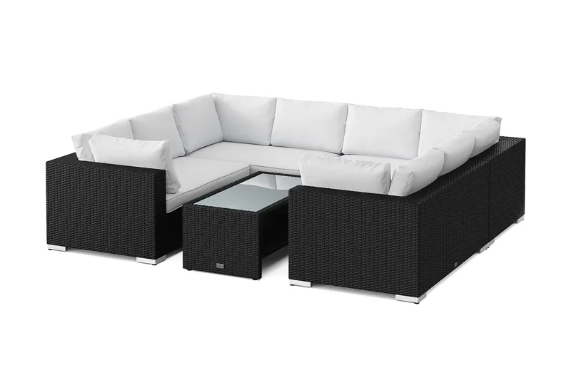 Bahamas U-formet utendørs loungegruppe med lukket avslutning, 8-seters med bord og hylle, Svart