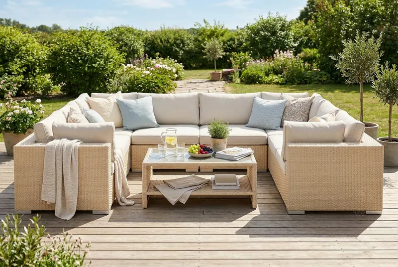 Bahamas U-formet utendørs loungegruppe med lukket avslutning, 9-seters med bord og hylle - Beige - Hage - Utemiljø - Veranda & terrasse - Verandamøbler