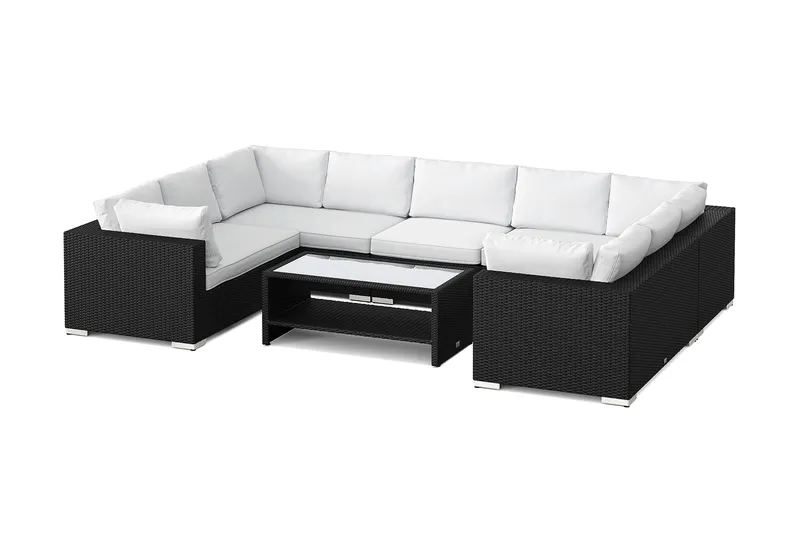 Bahamas U-formet utendørs loungegruppe med lukket avslutning, 9-seters med bord og hylle - Svart - Hage - Utemiljø - Veranda & terrasse - Verandamøbler