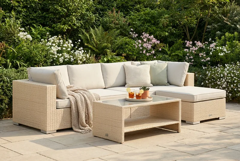 Bahamas utendørs divansofa 5-seters med vendbar divan og bord med hylle - Beige - Hage - Utemiljø - Veranda & terrasse - Verandamøbler